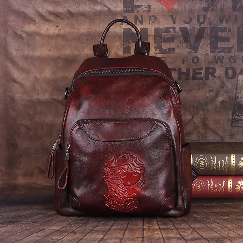 

High Quality Women Genuine Leather Backpack Vintage Woman Bag School Bags For Teenage Girls Backpacks For A4 Book IPAD
