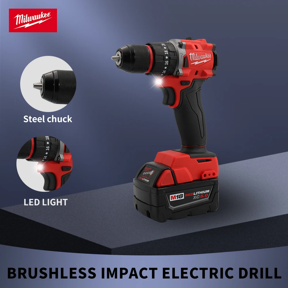 Milwaukee 150N.m Brushless Electric Impact Drill  Cordless Drill Driver Mini Electric Screwdriver Power Tool 18V Battery 4