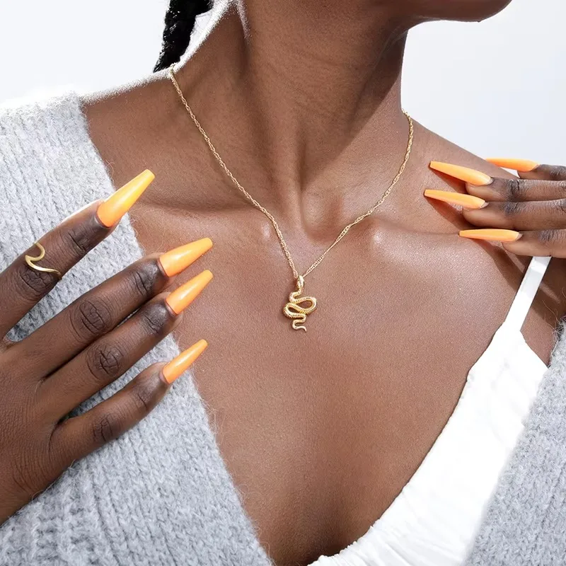 Goth Snake Pendant Necklace Stainless Steel Gold Color For Women