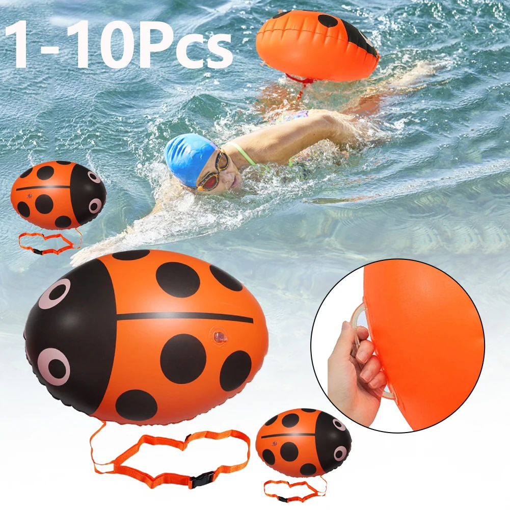 1-10Pcs PVC Inflatable Swimming Buoy Ladybug Tow Float Dry Bag Double AirBag With Belt High Visibility Water Sport Safety Bag swimming buoy