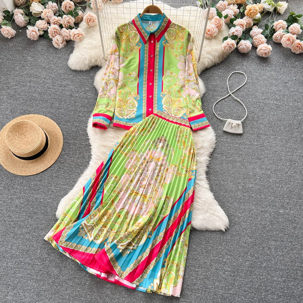 

Autumn Ethnic Print Temperament Long-sleeved Shirt Top High Waist Slim Pleated Skirt Two-piece Suit Women