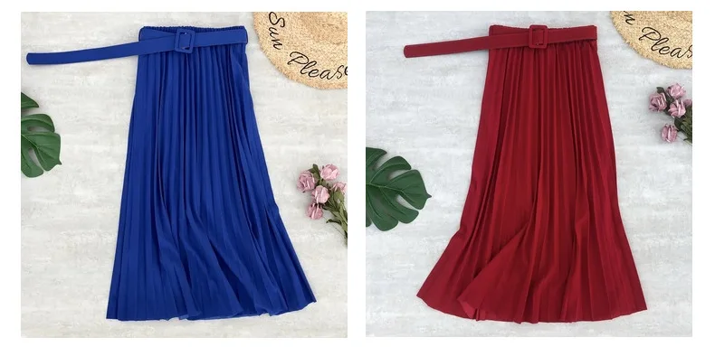 midi skirt PEONFLY New Women Fashion Belt Solid Color Pleated Midi Skirts Faldas Mujer Ladies Elegant High Waist Retro Casual Skirts golf skirt