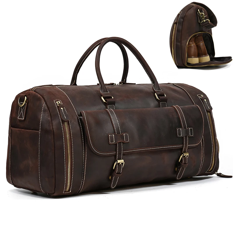 22′ Men’s Genuine Leather Travel Duffle Bag With Shoe Pocket