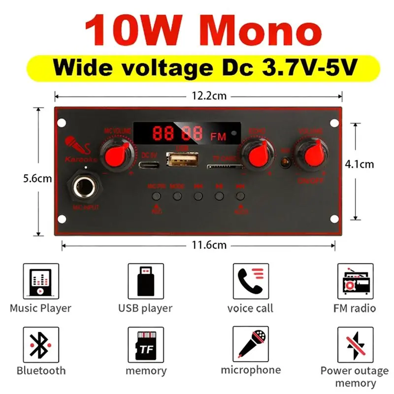 XB-디코더 보드 10W 앰프 5V 6.5mm 마이크 FM 라디오 TF USB 차량용 오디오 음악 플레이어 스피커