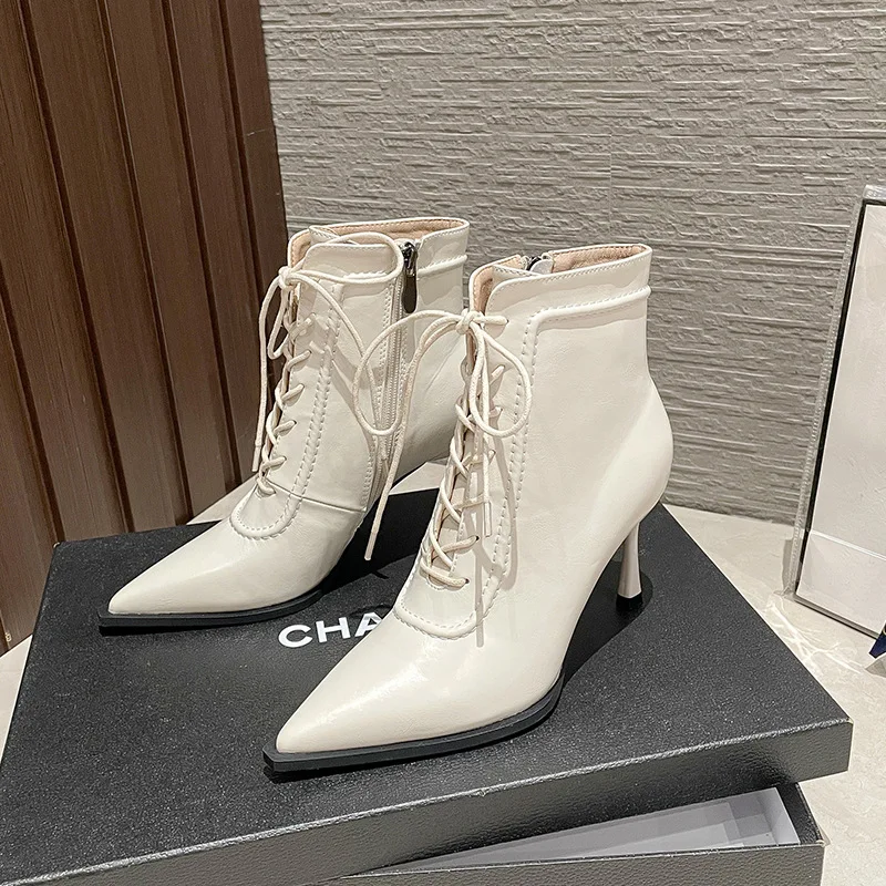 8288-2 Pointed 2023 Autumn/Winter Fashion High Heel Short Boots Lace up Thin Heel Side Zipper Women's Boots