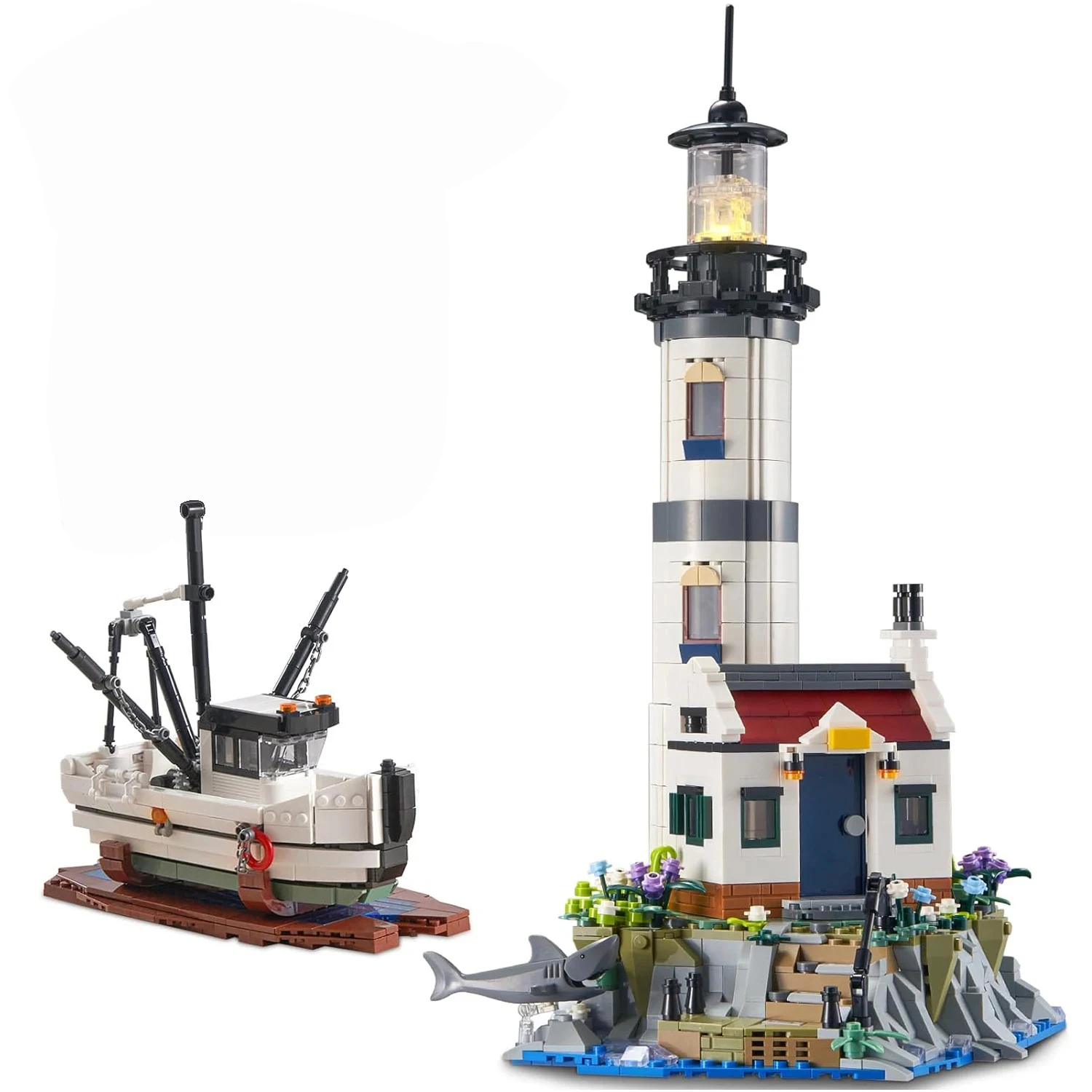 thumbnail image 1 of 1677 piezas de bloques de construcción de faro eléctrico, barcos de rescate de pescadores, modelo de faro, ladrillos con luz, juguetes para niños, regalos de Navidad, 1 of 5