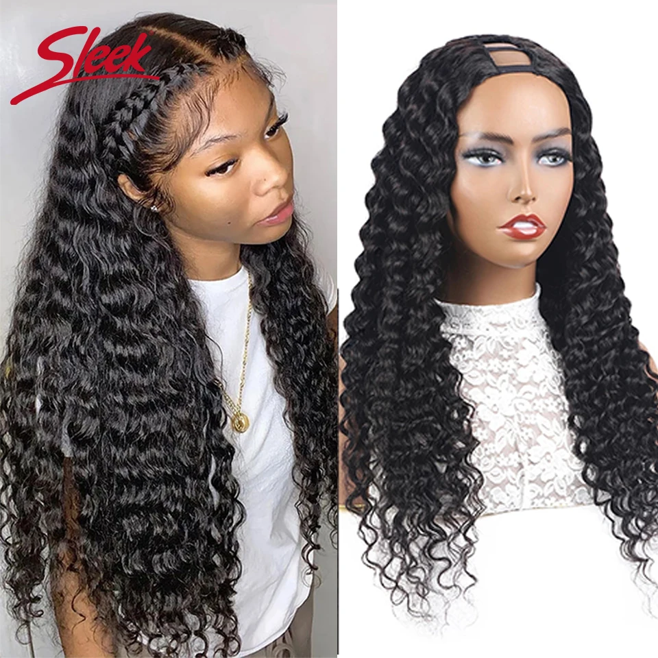 U Part Wig Loose Deep Wave Human Hair Wigs For Women Natural Black Sleek Remy Brazilian Remay Natural Dark Hair