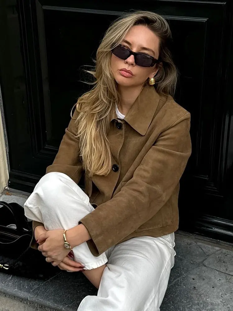 HH Women Vintage Solid Suede Coat Turn Down Collar Long Sleeve Cropped Jacket 2025 Autumn Casual Office Lady Outerwear