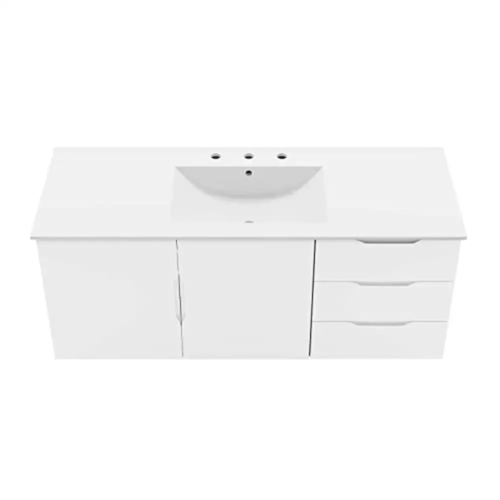 48" Modern White Bathroom Vanity with Ceramic Sink Durable Wood Construction Wall-Mount Design Two Drawers and Soft-Close Doors 6