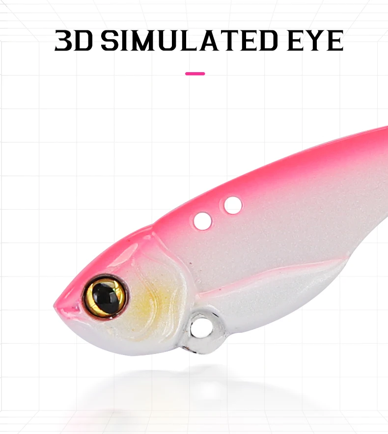 Un leurre de pêche à œil 3D simulé rose et blanc, avec un détail d’œillet doré métallisé de la série metal vib Ares-A de Tsurinoya, offrant un centre de gravité bas et une double attache de ligne.