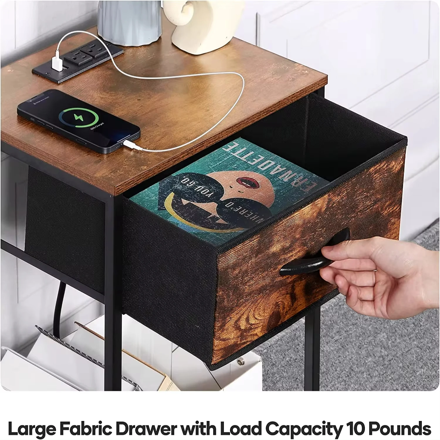 Nightstand End Table with Charging Station USB Ports Drawer  Shelf Brown