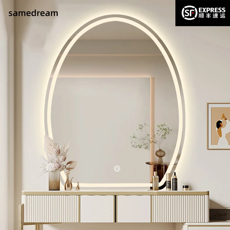

Dressing mirror bedroom wall mounted LED shaped intelligent mirror with light emitting dressing table