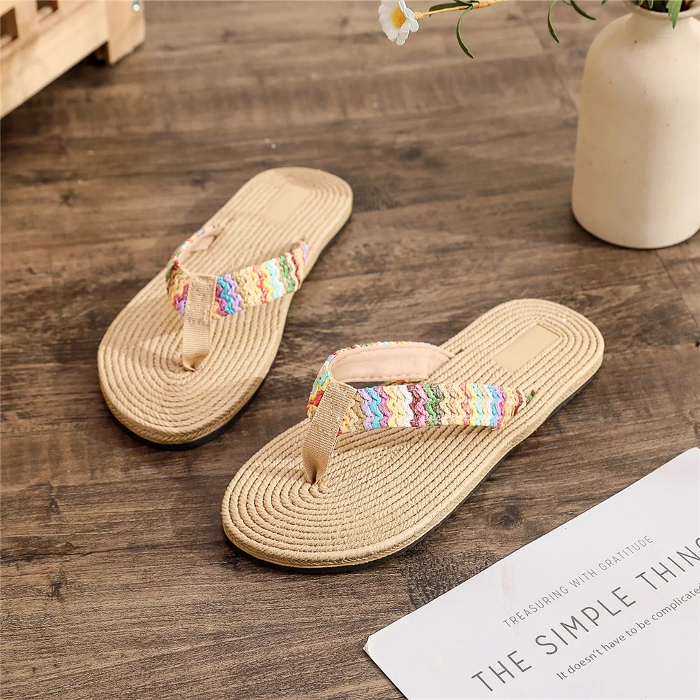 Summer Faux Grass Woven Women Sandals Fashion Flat Shoes Beach Sandals Casual Sandals Women Shoes Flip Flops Slide Zapatos Mujer