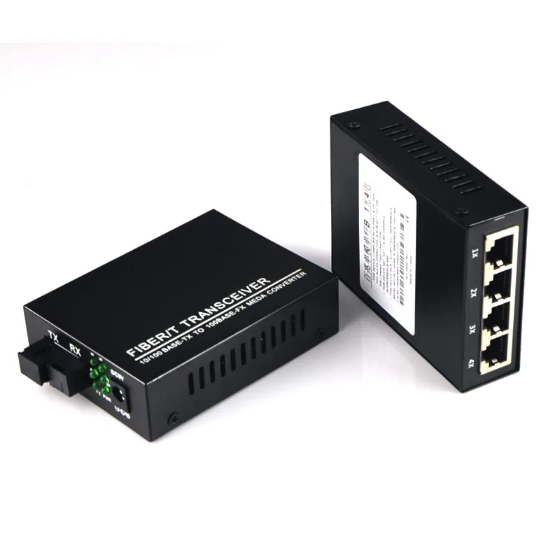 Netlink SC 1 Fiber Port + 4 RJ45 Port 10/100M Singlemode Singfiber Media Converter Fiber Transceiver 20KM 1Pair