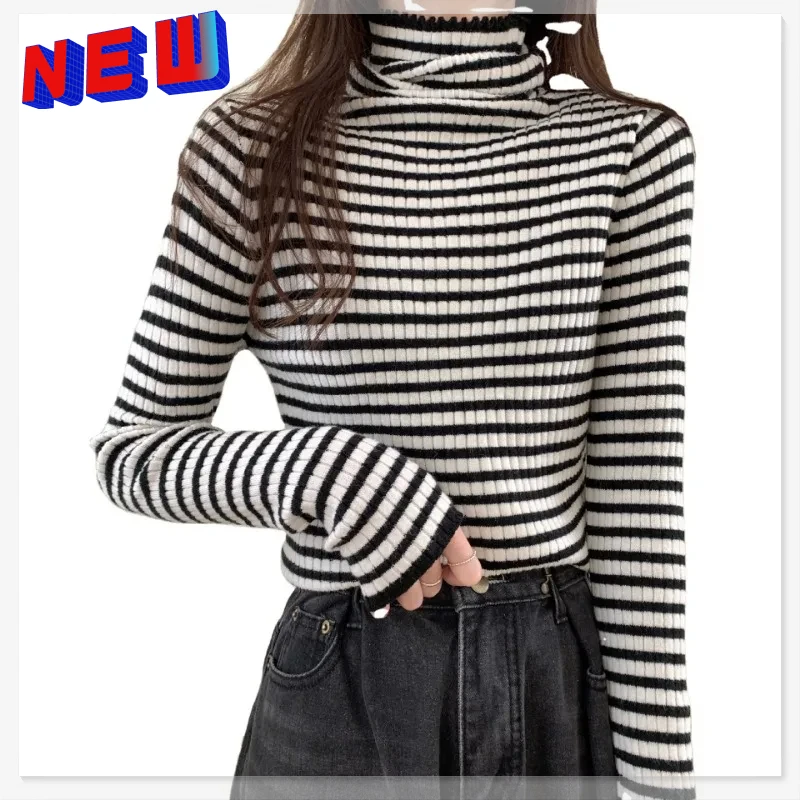 Knitted Bottoming Shirt Women's Striped Bottom Shirt Autumn and Winter Thickened Cotton Warm Knit High Neck Slim
