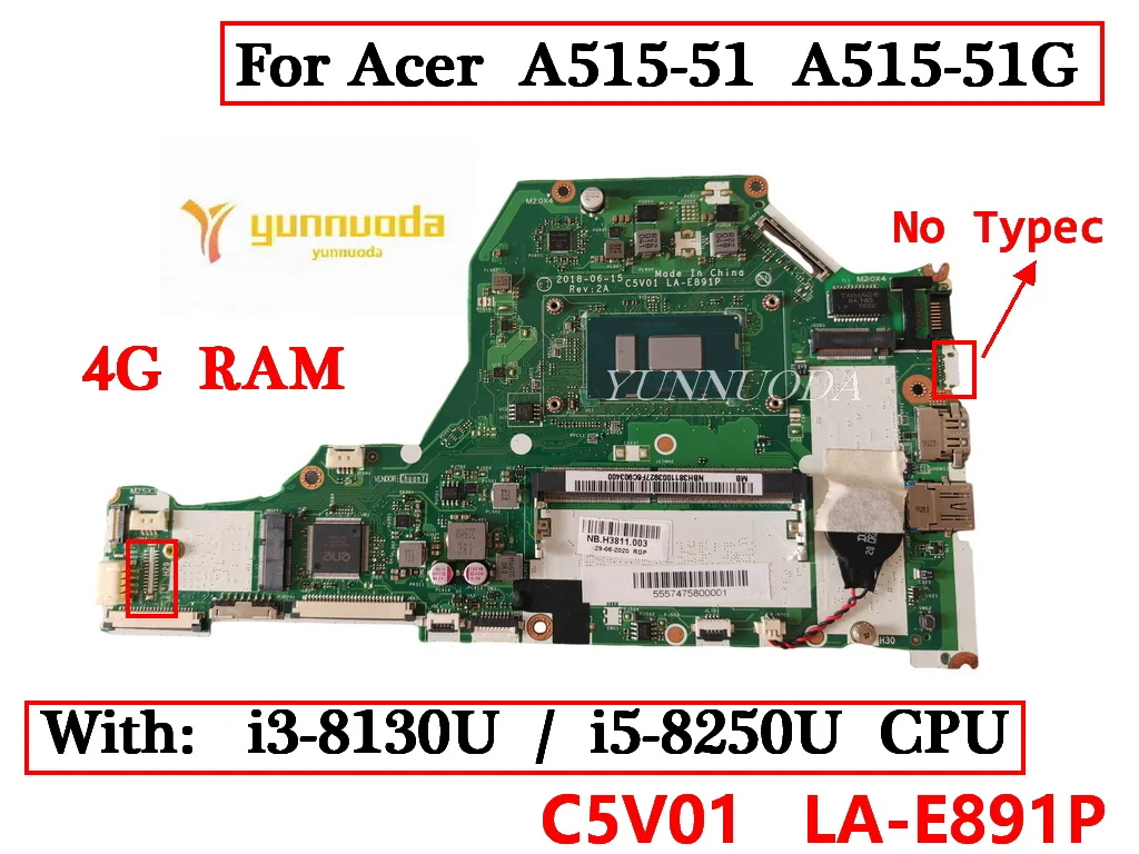 C5V01 LA-E891P для Acer Aspire A315-53 A515-51 A515-51G материнская плата для ноутбука с процессором celeron 3867U i3 i5 CPU 4 Гб RAM 100% протестирована