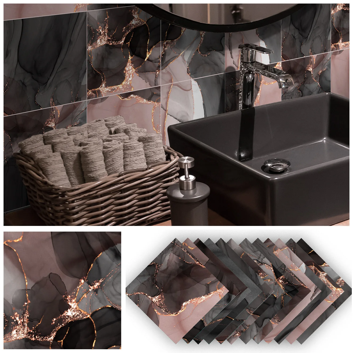 

Самоклеящиеся утолщенные наклейки для керамической плитки с черной и Золотой Мраморной текстурой, роскошные наклейки на стену для ресторана, кухни