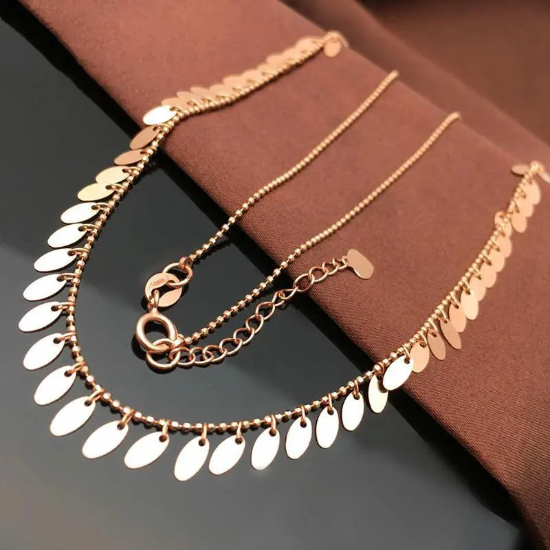 

585 Purple Gold Plated 14K Rose Gold New Sequins Tassel Neckalce for Woman Exquisite Light Luxury Wedding Jewelry for Girlfriend