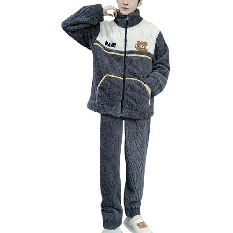2024 New Men Pajamas Coral Velvet Thick Loungewear Warm Cartoon Student Sleepwear Zipper Flannel Homwear Autumn Nightwear