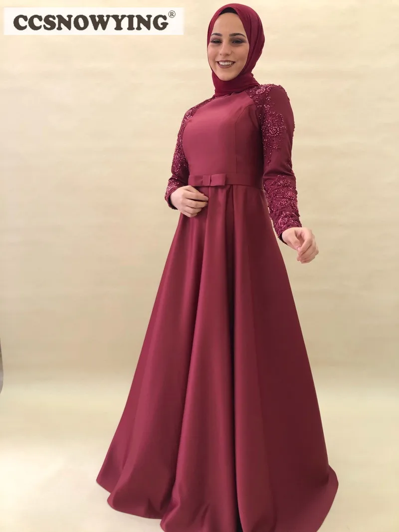 

Burgundy Satin Appliques Long Sleeve Muslim Evening Dress High Neck Islamic Hijab Formal Party Gown Robe De Soiree Arabic Kaftan