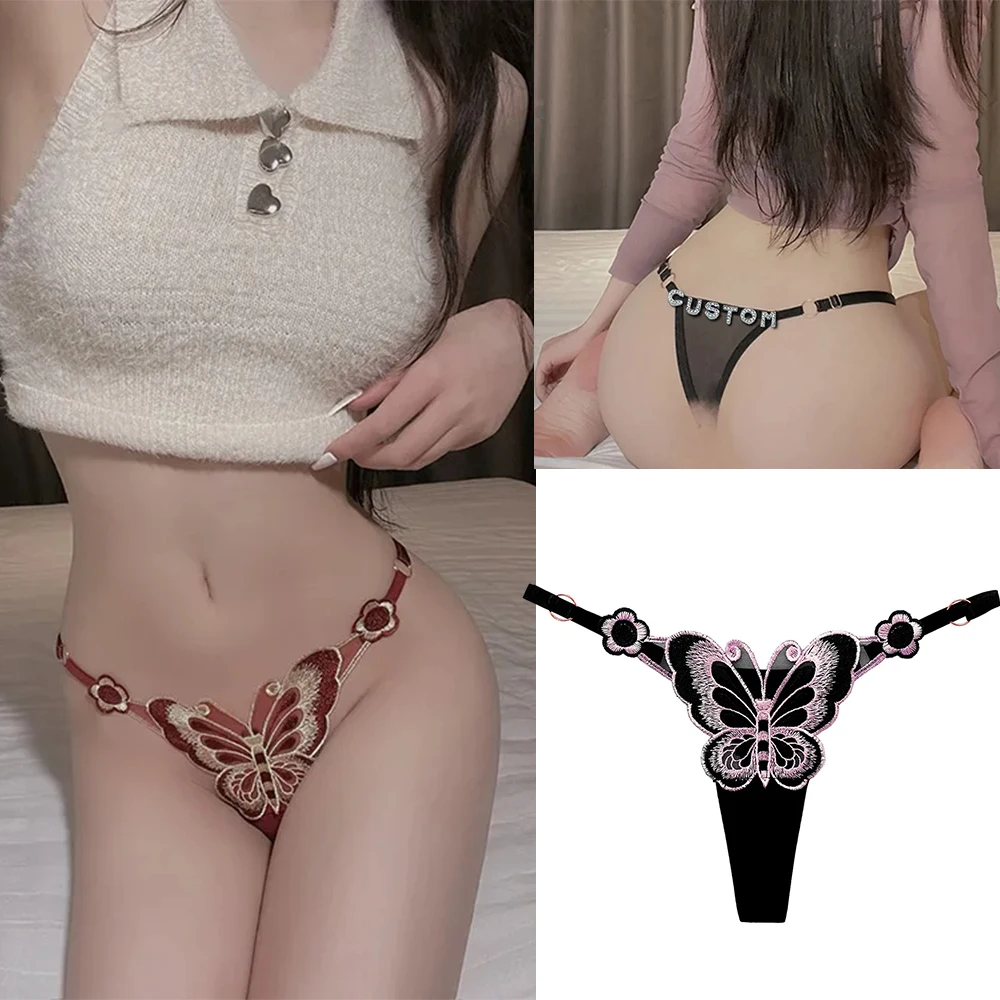 Customize Thongs Sexy Butterfly Lace G-string Rhinestone Letters Personalized Underwear Embroid Flower Tanga Body Jewelry Gifts rhinestone simple waist round body chain underwear panties for women adjustable crystal thong body jewelry accessories s1083