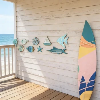 Decorazione Murale Nautica Costiera per Casa, Set di 10 Ornamenti in Legno a Forma di Pesce, Decorazione Artistica Non 3D con Motivi Carini a Tema Spiaggia per Bagno