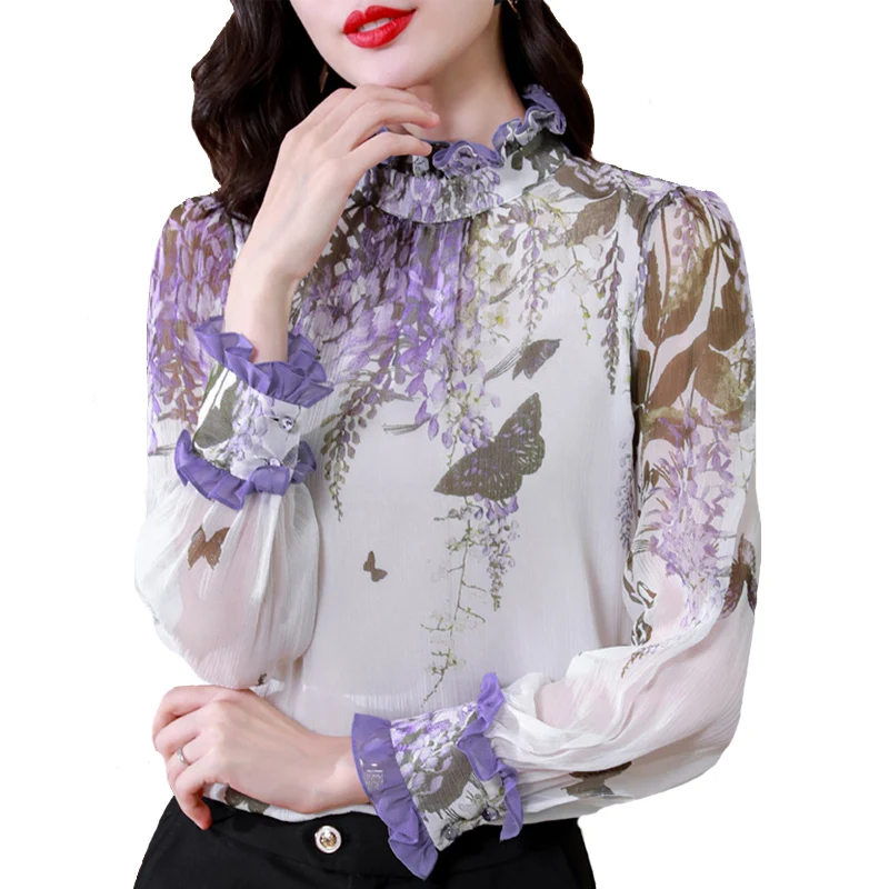 

Элегантные топы с цветочным принтом для женщин, шелковая шифоновая рубашка с длинным рукавом, весна-осень 2023, Офисная Женская блузка с воротником-стойкой, блуза