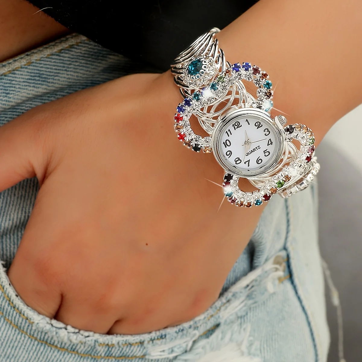 Fashion Women Lady Faux Leather Butterfly Rhinestone Dial Dress Wrist Watch