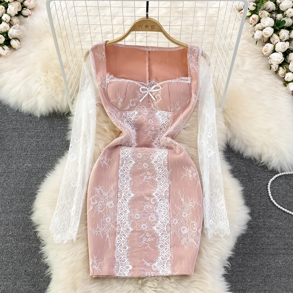 

2022 Summer New Korean Retro Sexy Temperament Lace Perspective Square Neck Long Sleeve Slim Fit Hip Wrap Short Dress