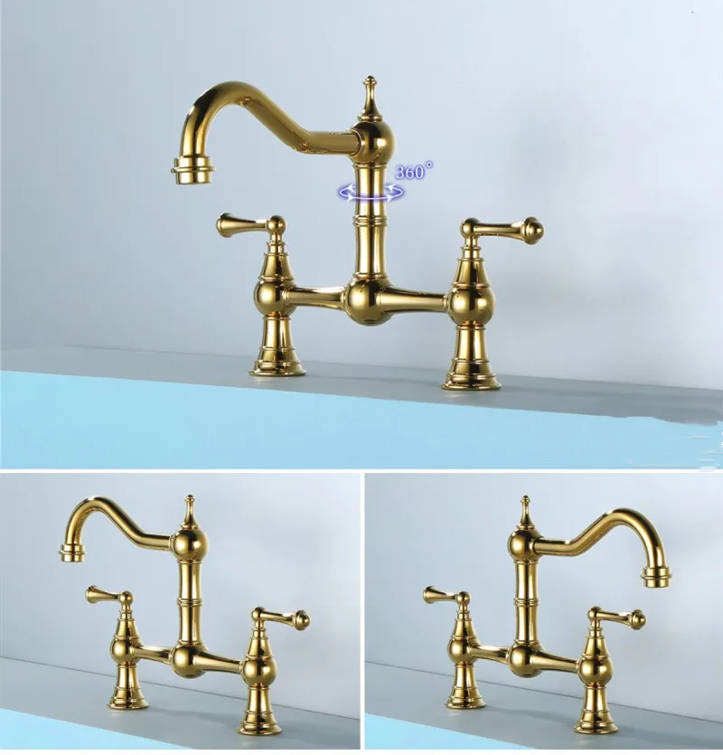 Kitchen Sink Tap Rotation Total Brass Lead Free Classical Double Lever Kitchen Sink Tap Mixer Gold Chrome American Style