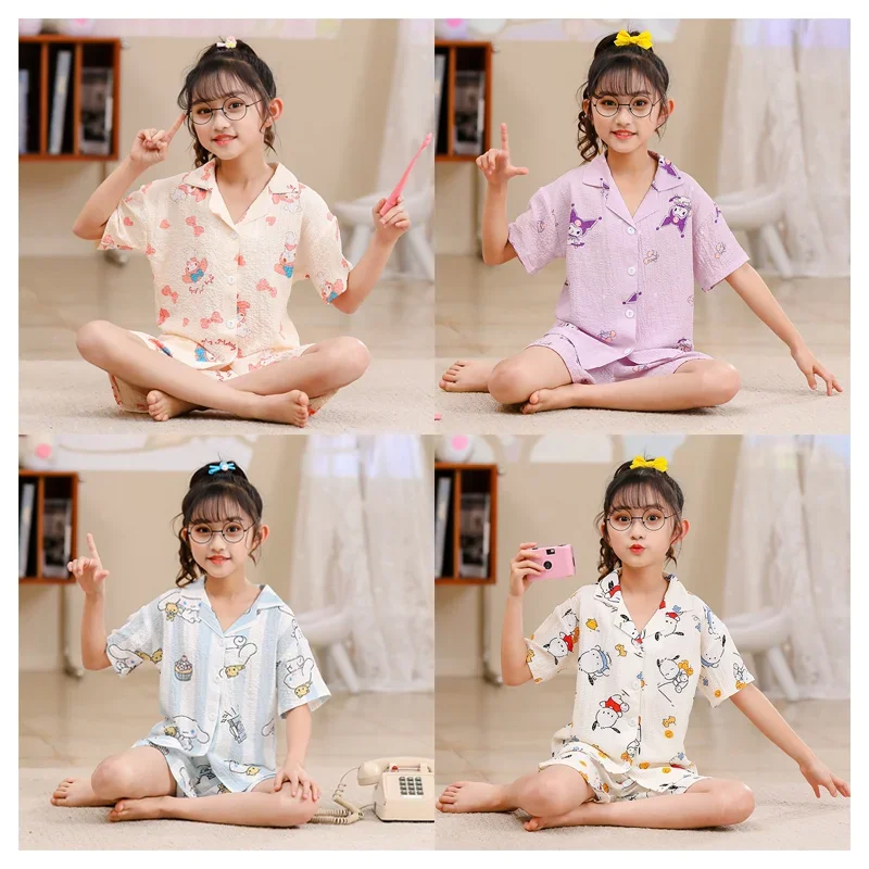 

Cute Cartoon Cinnamoroll Pochacco My Melody Children Summer Cardigan Pajama Set Kawaii Printed Short Sleeved Shorts Home Clothe