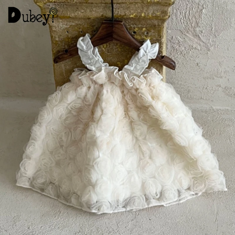

Korean New Style Summer Dress for Baby Girl Square Collar Beige Sleeveless Holographic Flowers Cleropel A-Line Princess Dress
