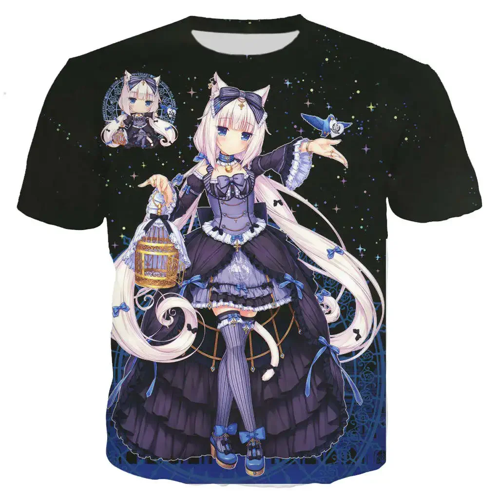 남성/여성을위한 새로운 쿨 티 Nekopara 초콜릿 바닐라 3D 인쇄 귀여운 애니메이션 짧은 소매 하라주쿠 스타일 스트리트 티셔츠 탑