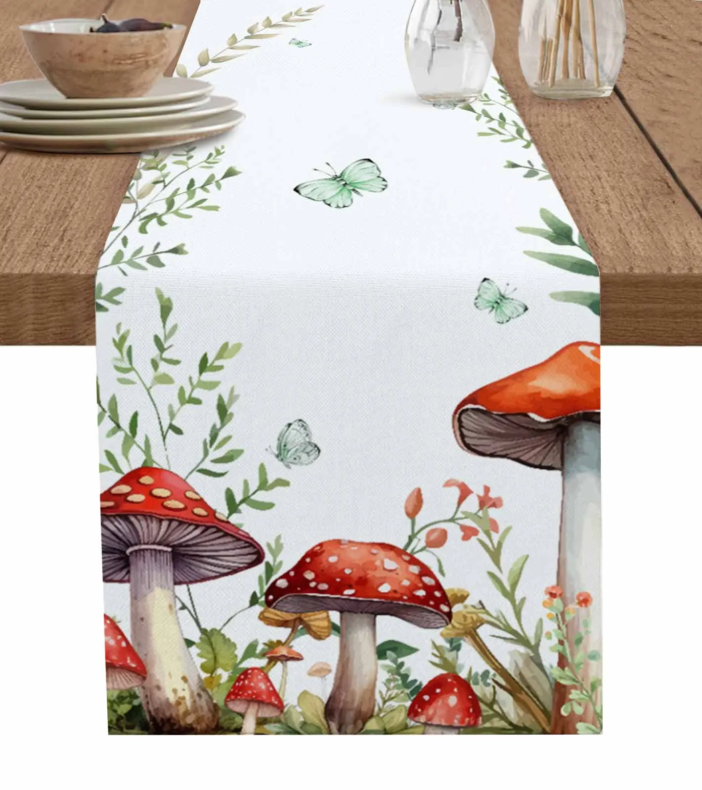 

Plant Mushroom Butterfly Watercolor Table Runners Kitchen Dining Decoration Table Runners Wedding Party Table Decor