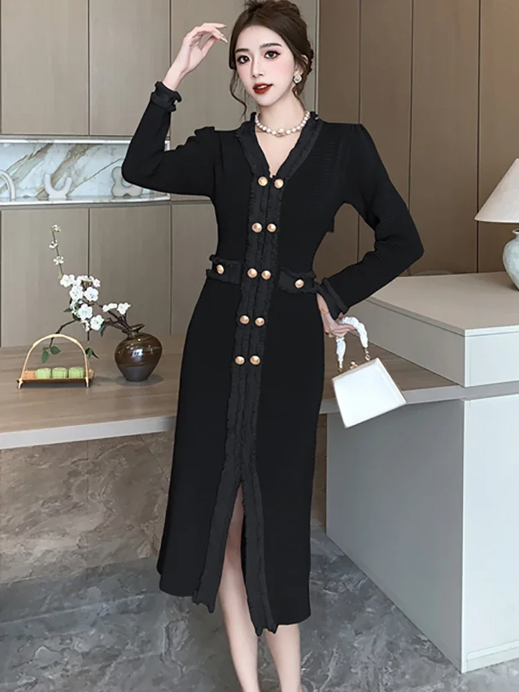 

Black Knitted Double Breasted Chic Slit Sweater Dress Women Autumn Winter Korean Vintage Dress 2024 Elegant Bodycon Party Dress