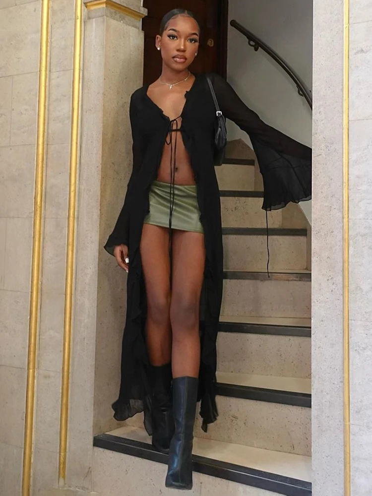 Cárdigan largo de malla para mujer, de verano, liso, con cuello bajo, manga larga y volantes, sexy, transparente, ropa de tendencia