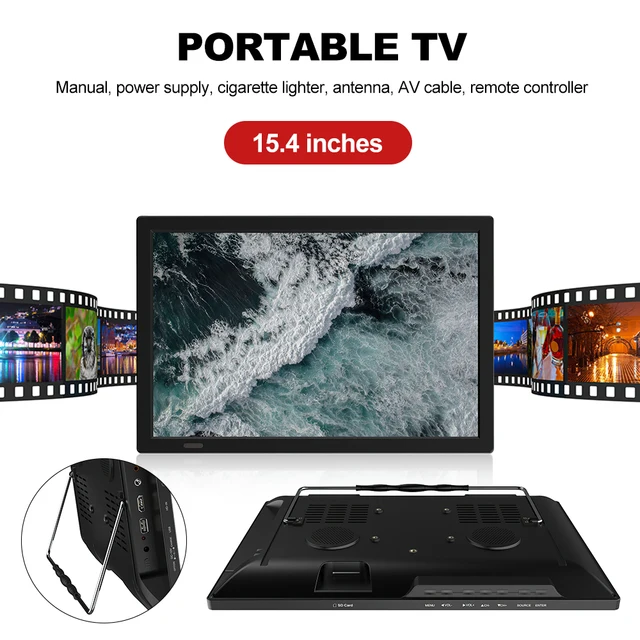Mini lettore TV per auto portatile da 15,4 pollici Lettore televisivo HD HDMI 1080P DVB-T/T2 ISDB-T TV per auto analogica digitale Supporta scheda TF USB 2