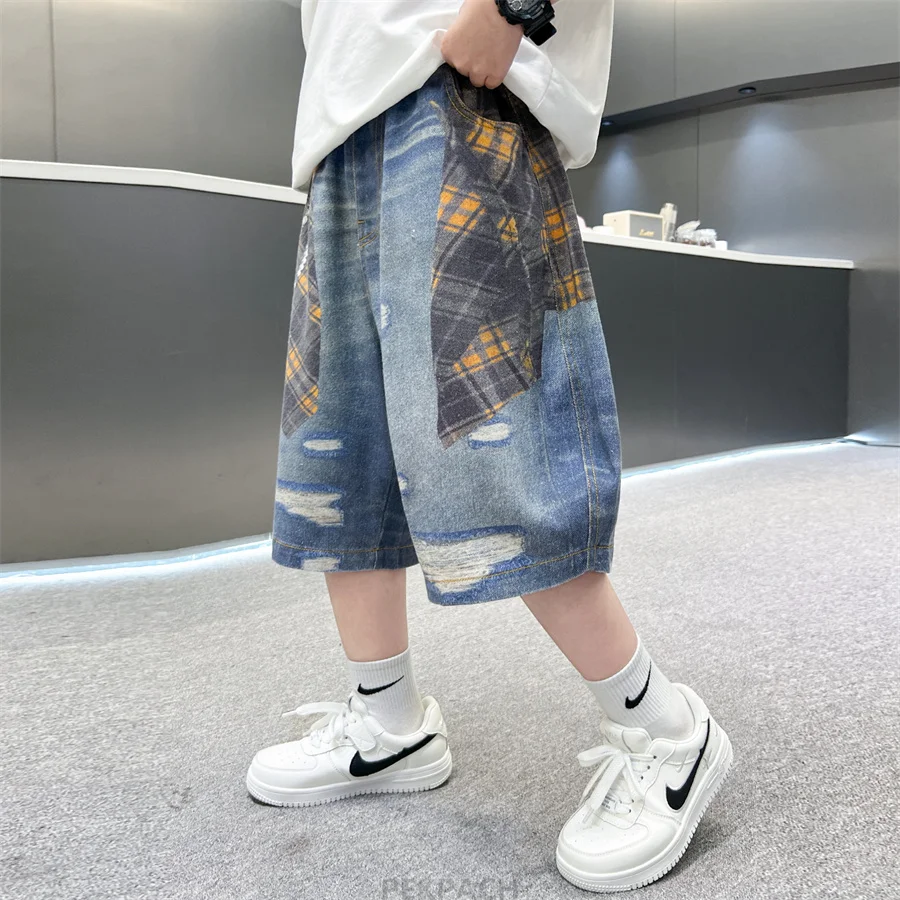 키즈 여름 3D 격자 무늬 프린트 데님 반바지 십대 소년 캐주얼 미드 커프 청바지 어린이 패션 스트리트 하의 짧은 바지 5-14세