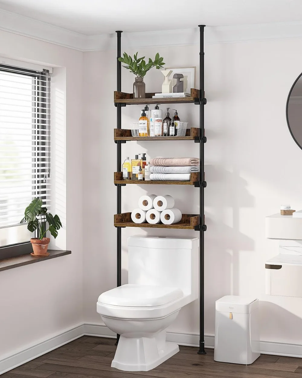 

Bathroom Organizer, Over The Toilet Storage, 4-Tier Adjustable Wood Shelves for Small Rooms, Saver Space Rack, 92 to 116 Inch