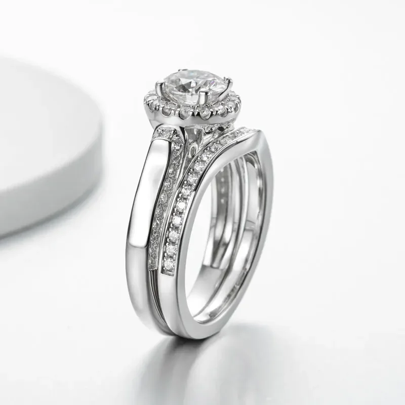 Total 1.62ctw Moissanite Wedding Rings Set For Women Solid 925 Silver Engagement Ring VVS1 D Color Round GRA Certificate
