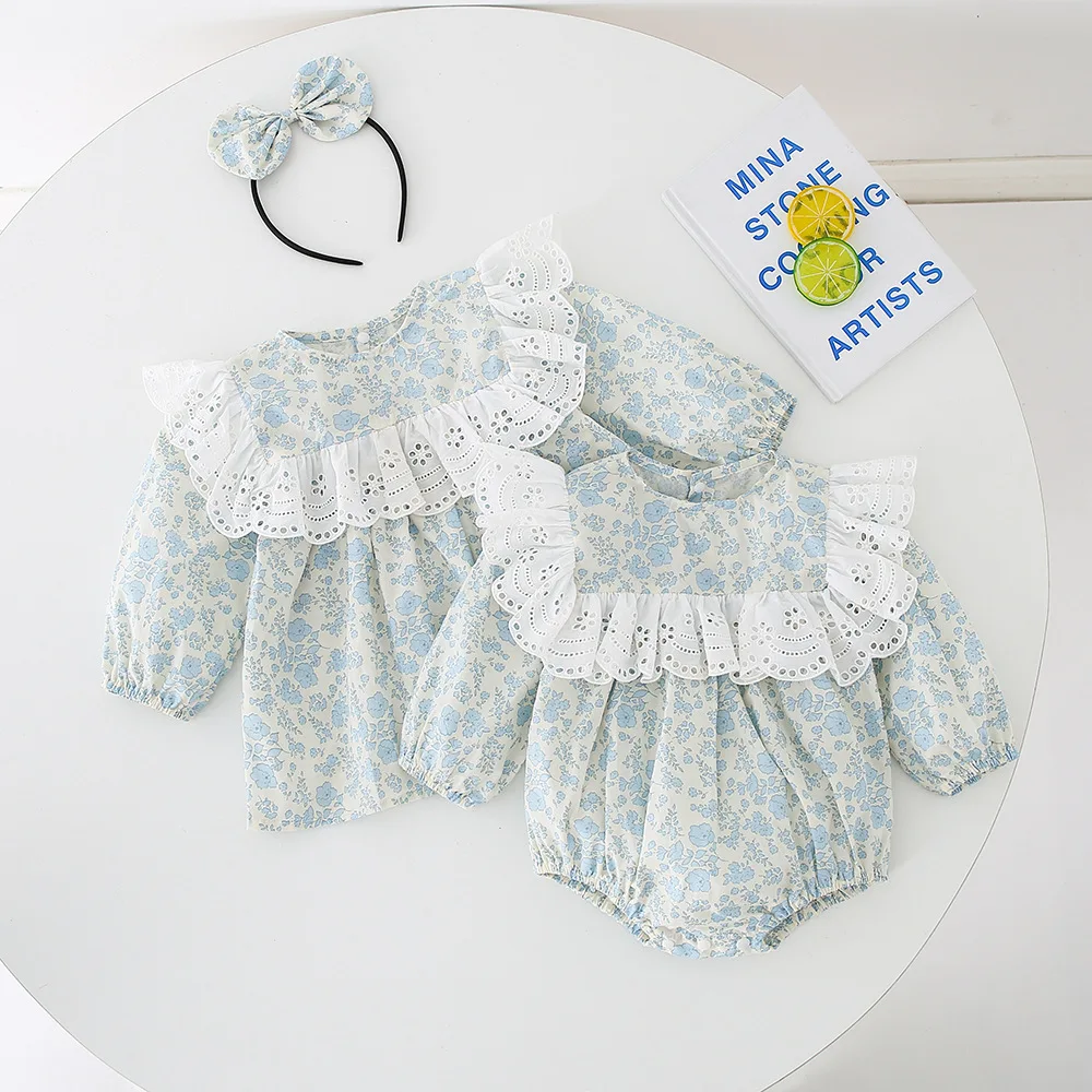 

Blue Florals Baby Romper and Dress Sister Matching Clothes Twins Clothes Baby Girls Romper Bodysuits Dress Onesie Overalls Kids