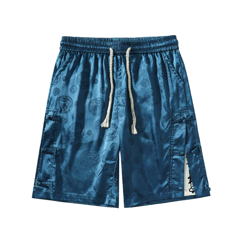 Plate Button Shorts Men's Stylish Flower Print Casual Pants Large Size Splicing Colour-blocking Drawstring Short Pants