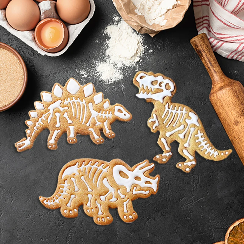3D Dinosaur Cookie Cutters Dinosaur Biscuit Embossing Mould Fondant Dessert Baking Plastic Mold for Gingerbread Cake Decor Tool cake mold,cookie cutters,cookie mold