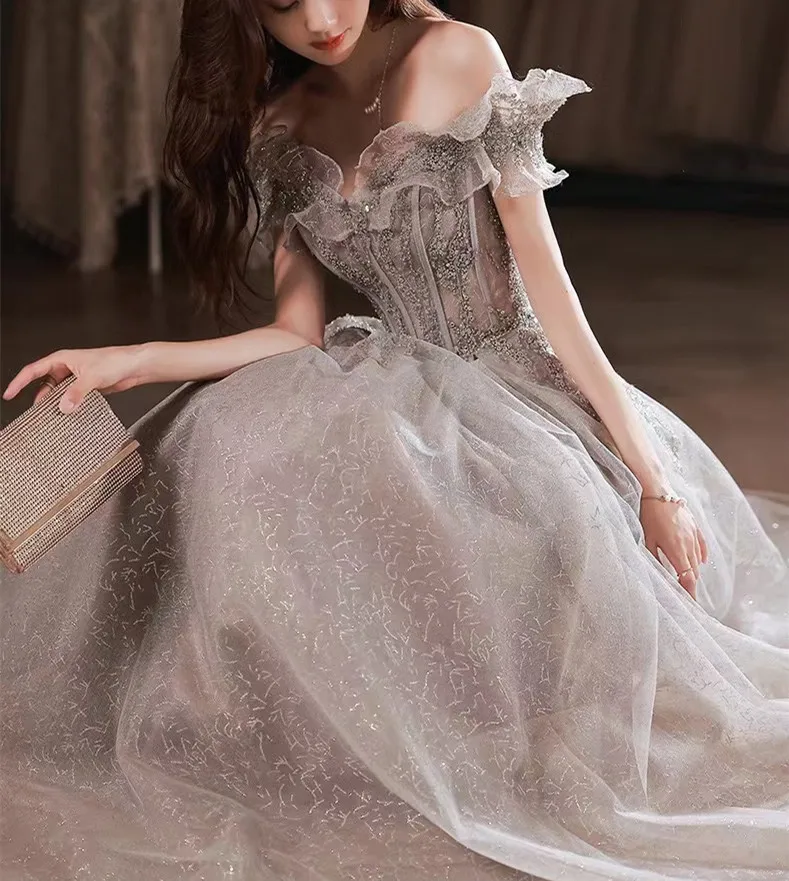 Elegant Evening Dresses Strapless A-Line Off The Shoulder Sequin Beaded Bandage Shiny Slim Backless Floor-Length Celebrity Gowns