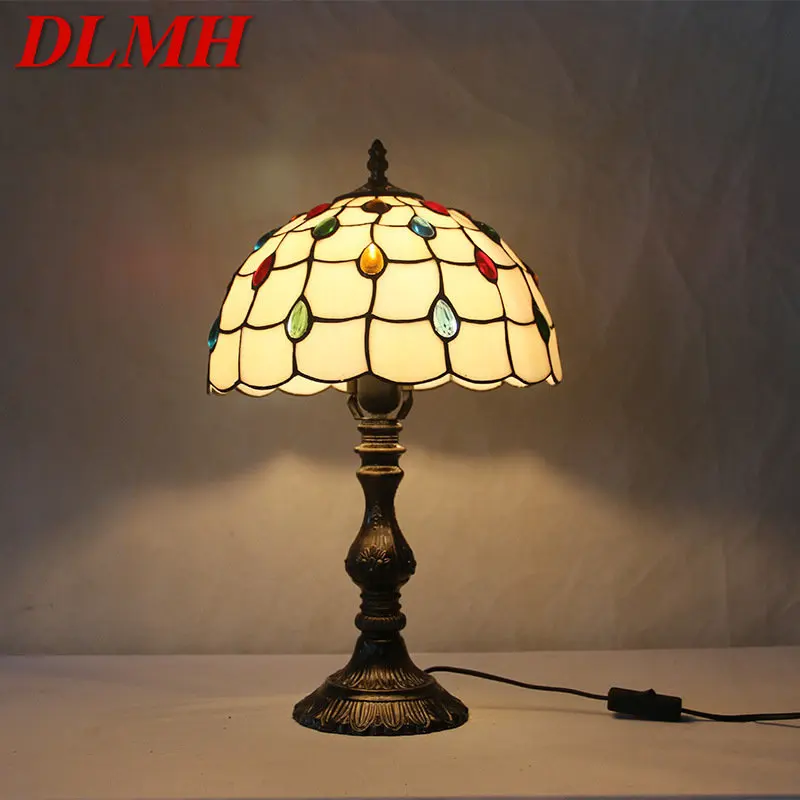 

DLMH Tiffany Glass Table Lamp LED Vintage Fashion Simple Desk Light Decor For Home Living Room Bedroom Bedside