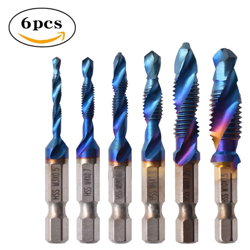 

6pcs M3-M10 Screw Tap Drill Bits Hss Taps Countersink Deburr Set Metric Combination Bit High Speed Steel 1/4 IN Quick Change Hex