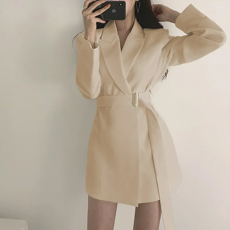 

Apricot Chic Sashes Blazers Mid Length Office Lady Solid Colors Long Sleeve Loose Suits Women Vintage Plus Size Black Blazer New