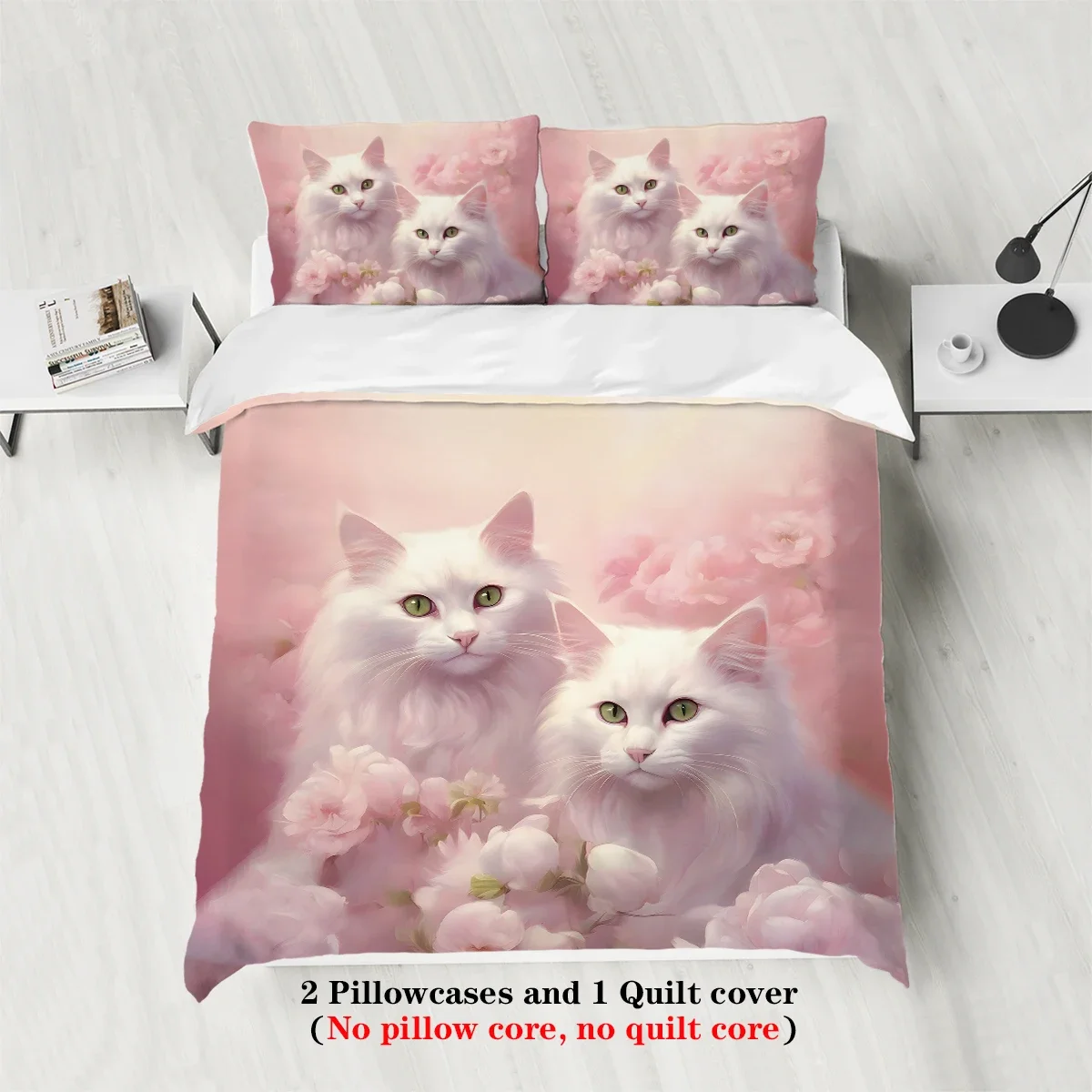 3-piece set of cute white cat pattern print (1 duvet cover+2 pillowcases, no core) comfortable bedding set