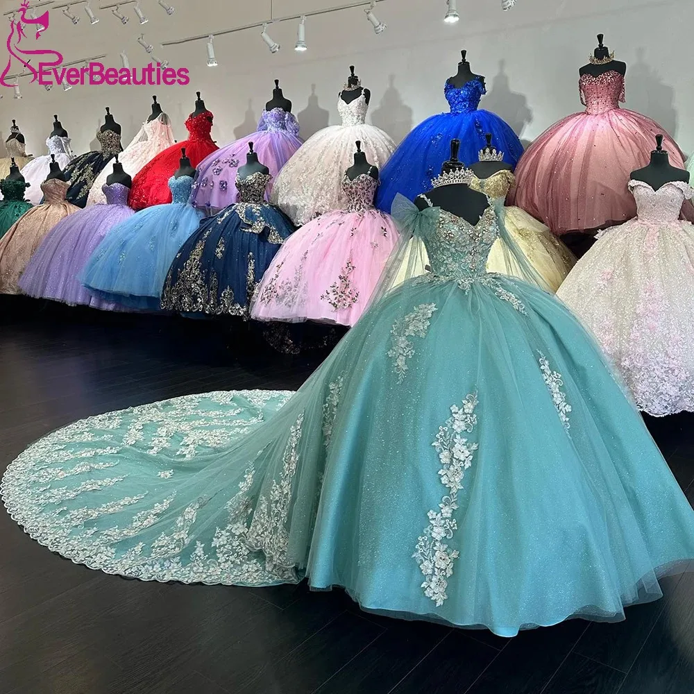 

Off Shoulder Quinceanera Dresses with Long Train Ball Gown Vestidos De 15 Quinceañera Tulle Appliques Sweet 16 Dress for Juniors