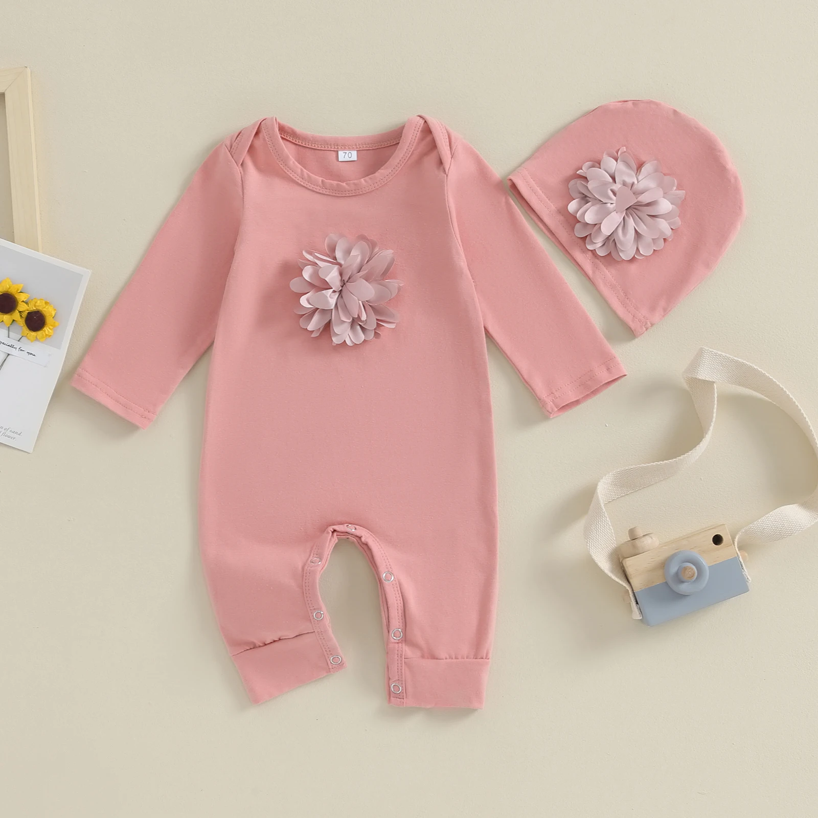 Baby Girl Floral Romper & Hat Set 3